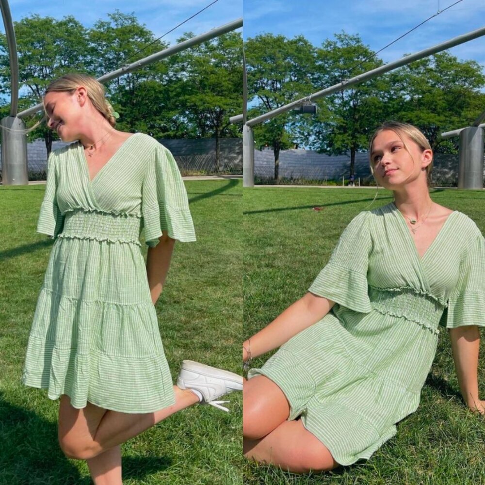 🦋 NORDSTROM MAX STUDIO Green Ruffle Tiered Stripe Dress Coquette Cottage Core